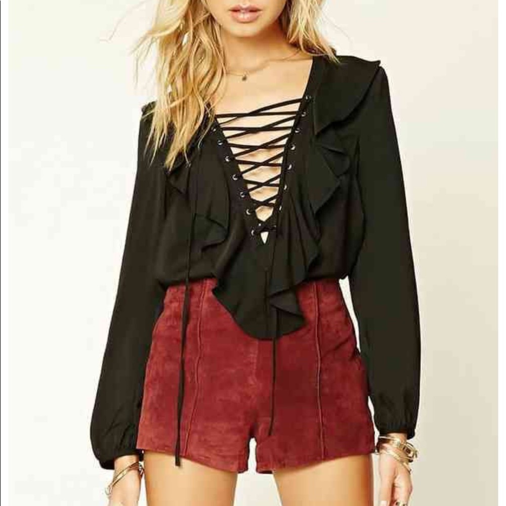 Forever 21 Lace Up Ruffle Blouse